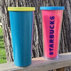 Set Of 2 Startbucks 24 Oz Tumblers Stainless And Acrylic 2014 & 2016 No‎ Straws
